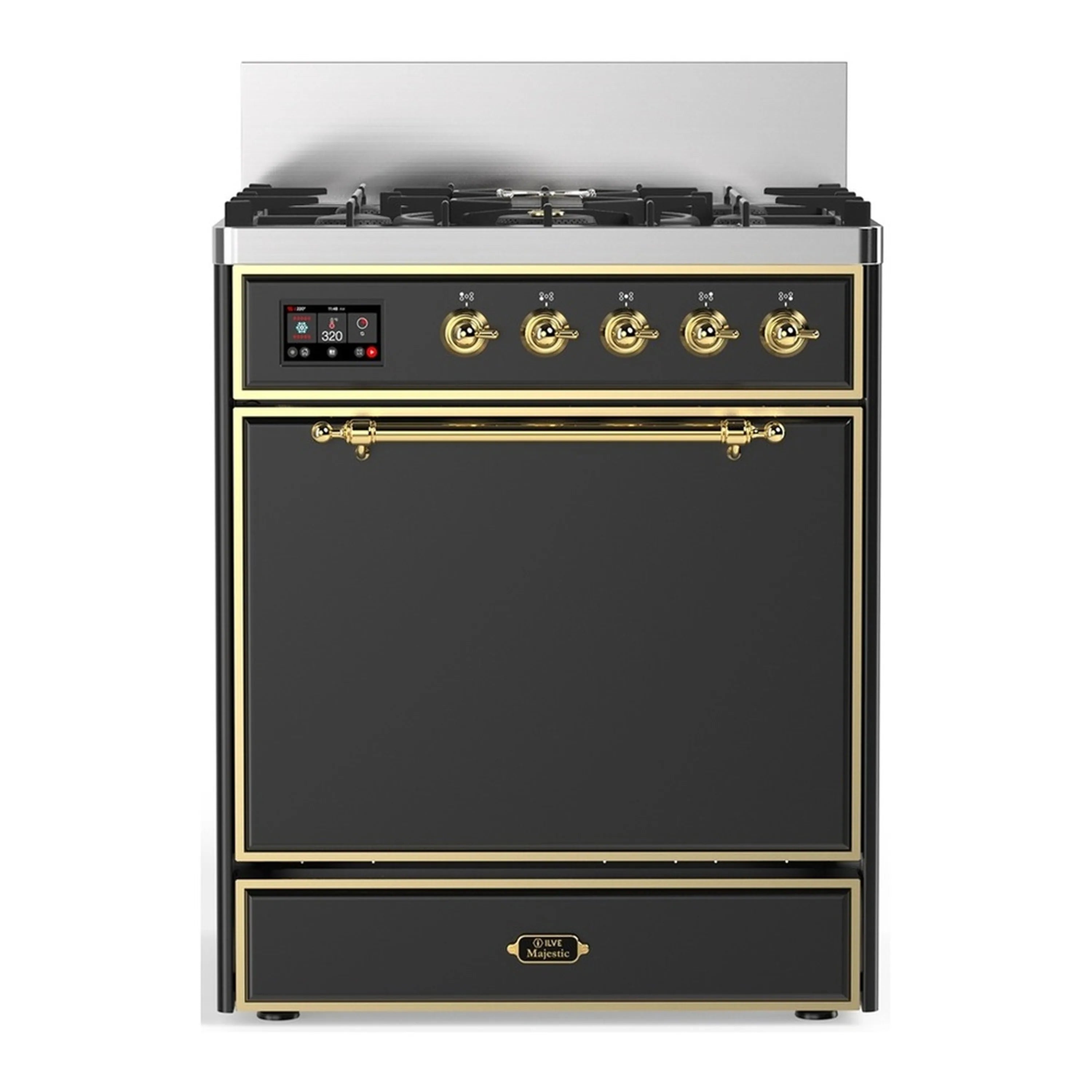 Graphite matte range front with brass control knobs, burner bar, and oven door