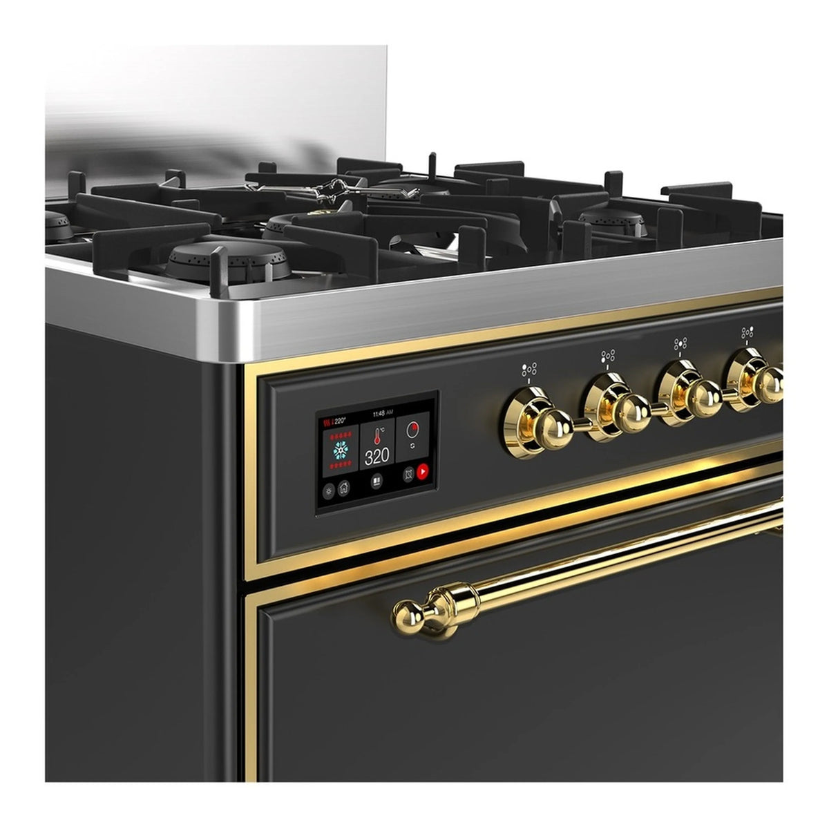 Dual fuel range control panel with digital display and brass knobs on graphite front