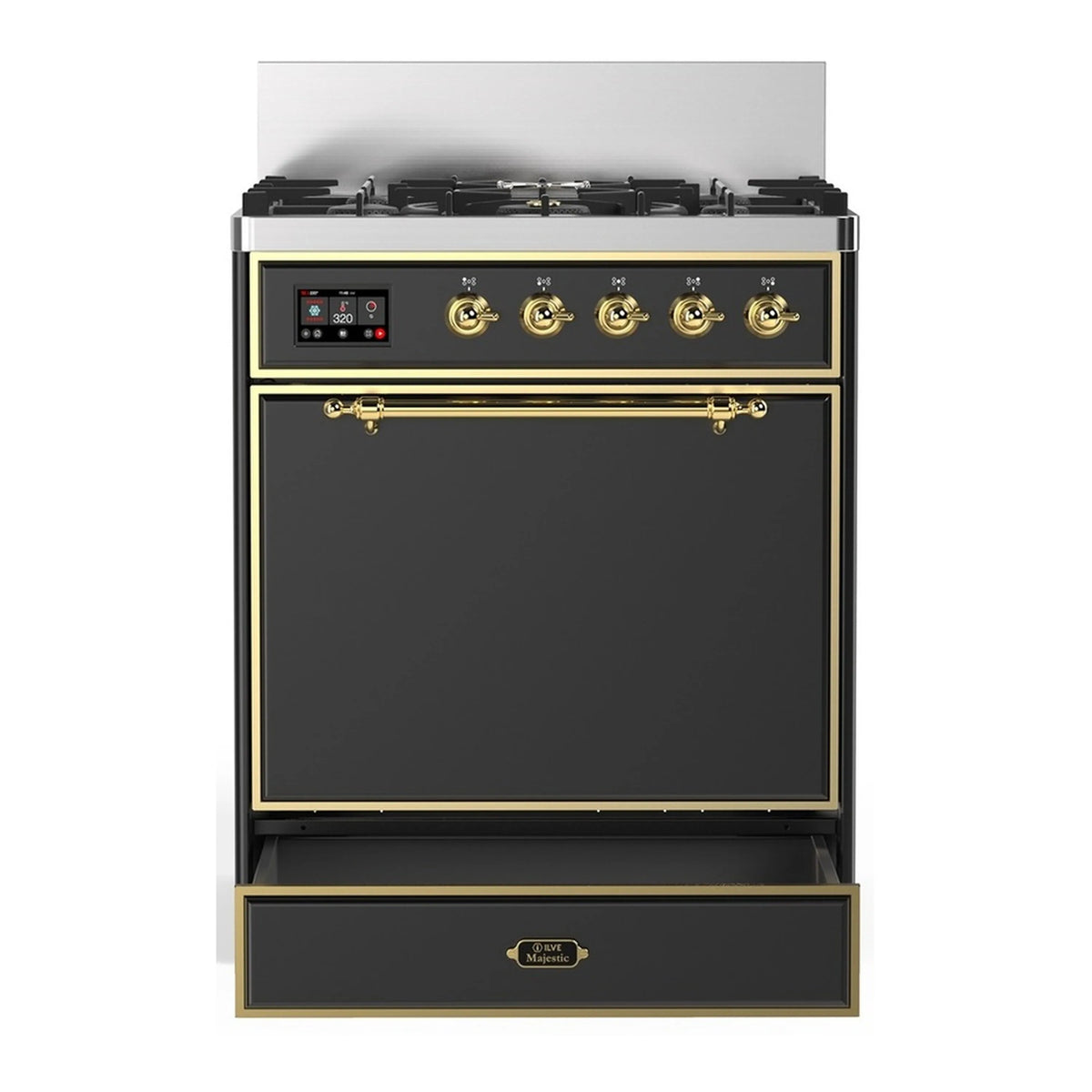 Graphite matte dual fuel range with 5 gas burners, brass trim, and oven door