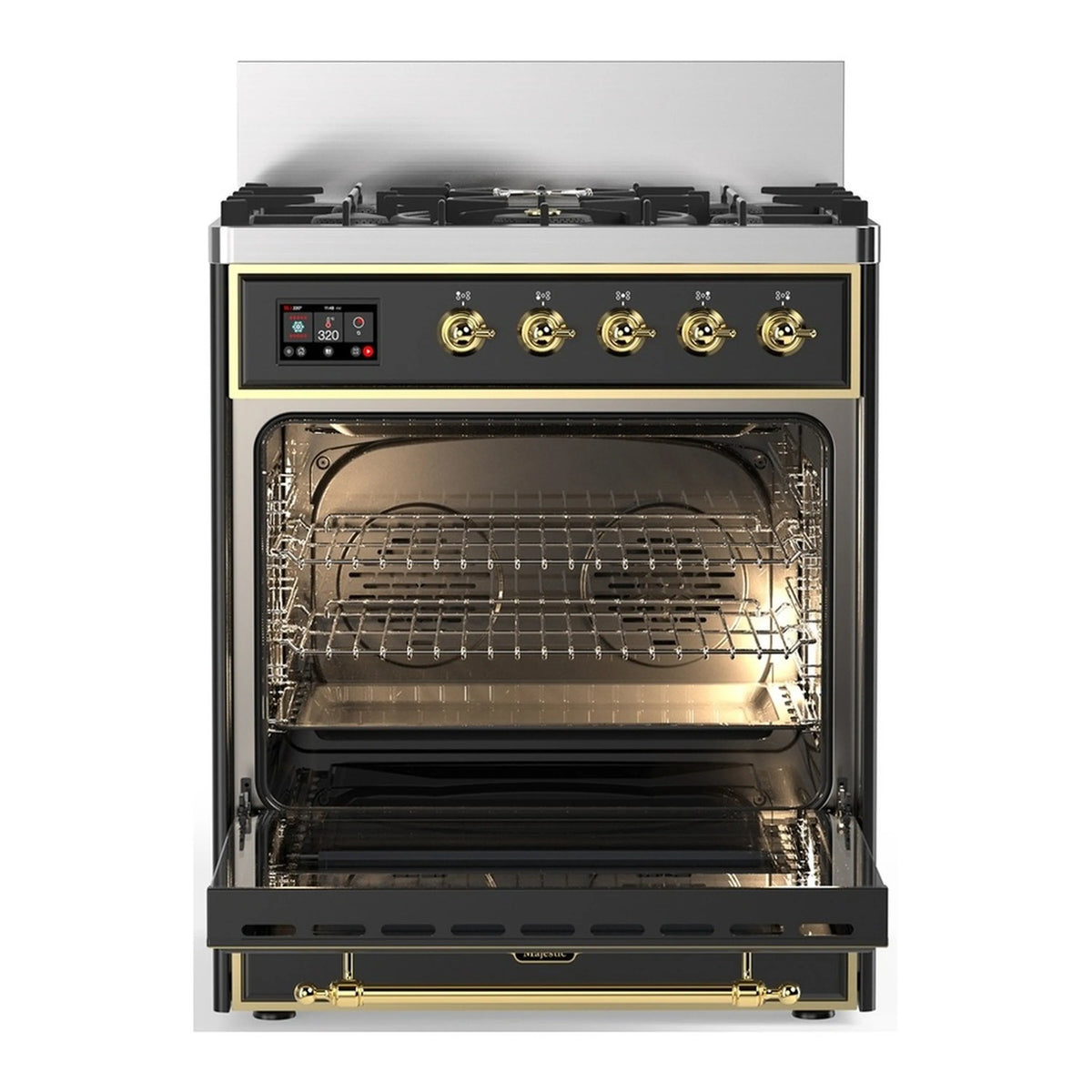 Graphite matte range with oven door open, interior racks, and brass control panel
