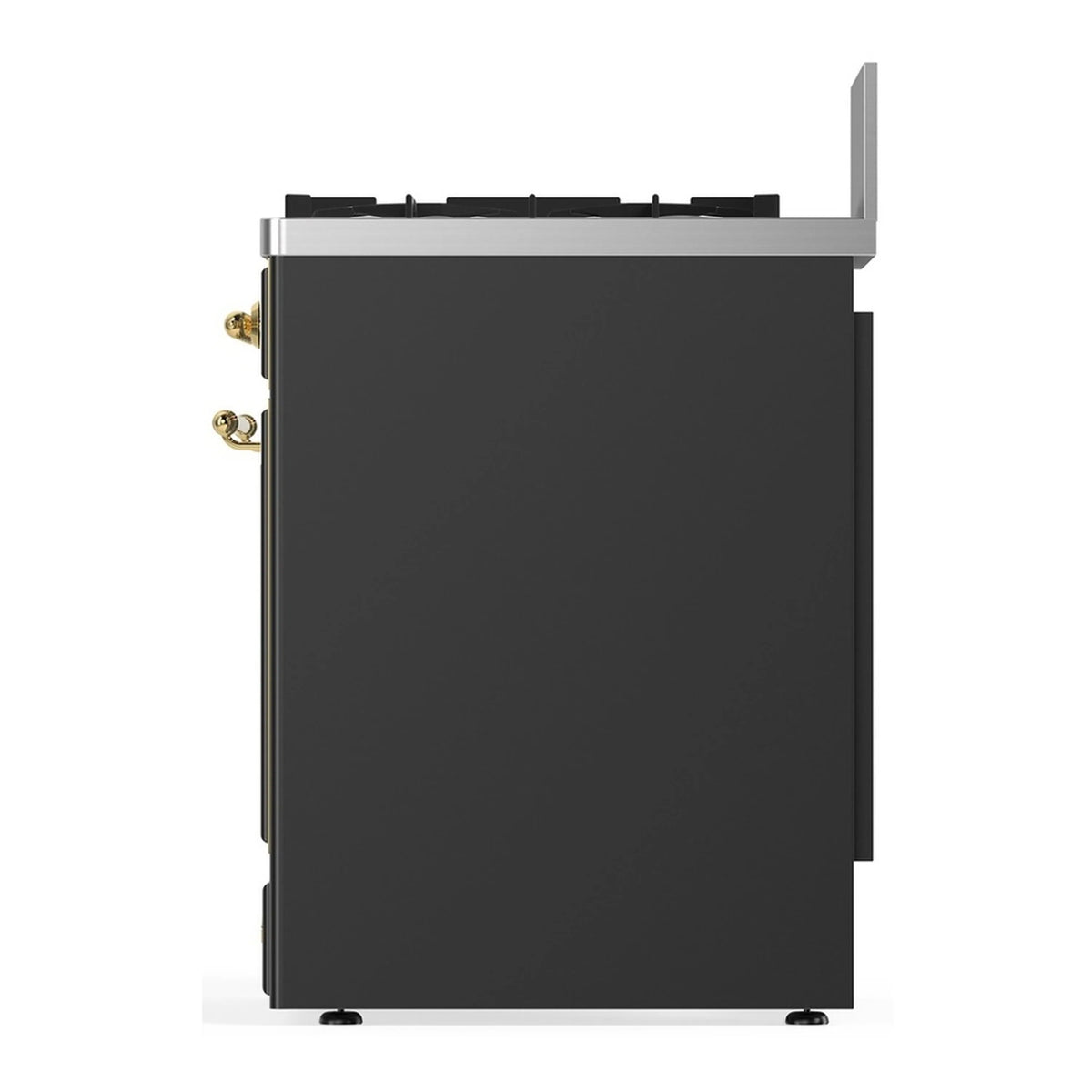 Graphite matte range side panel with brass trim and rearward hinge hardware
