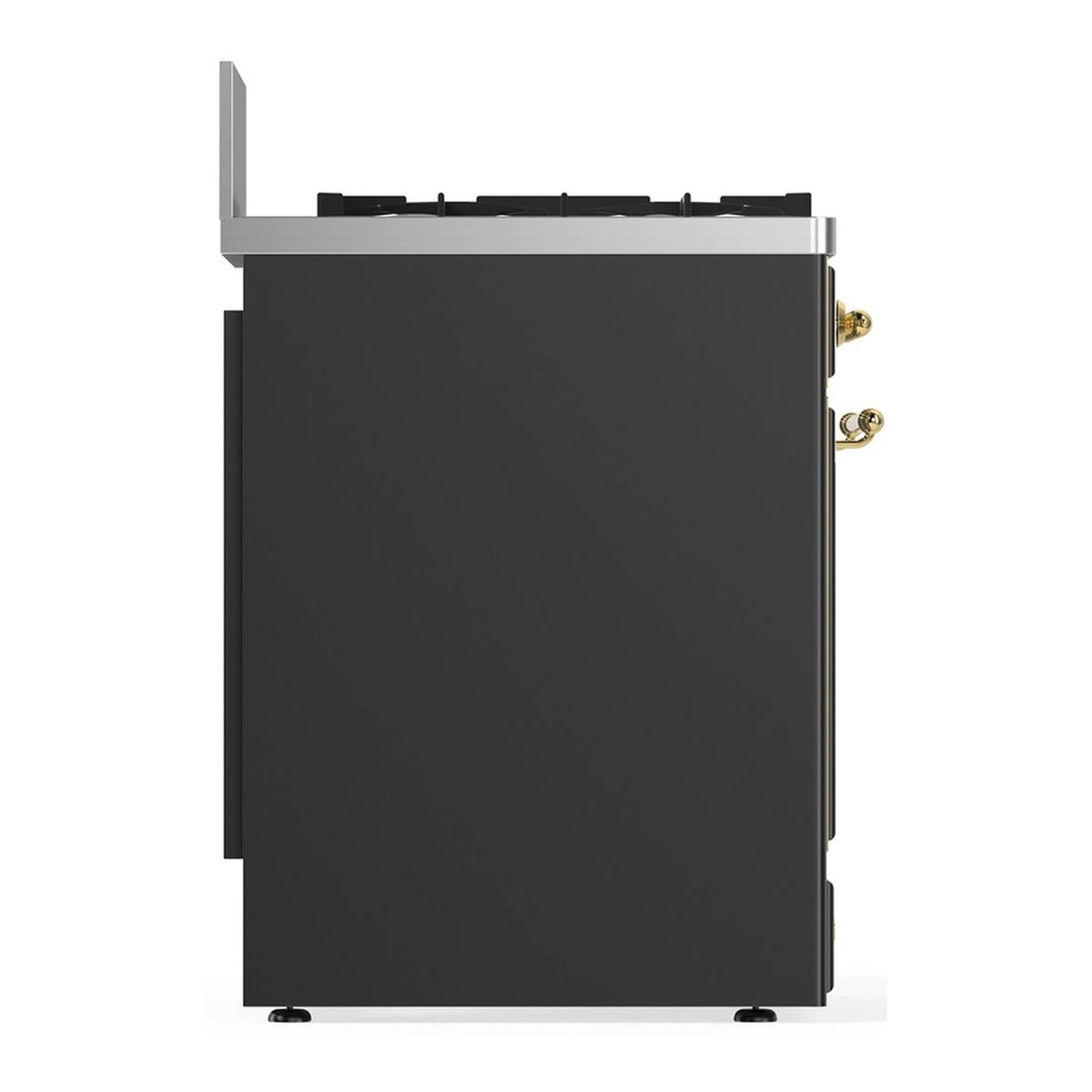 Graphite matte range rear side panel with brass hardware and closed oven face