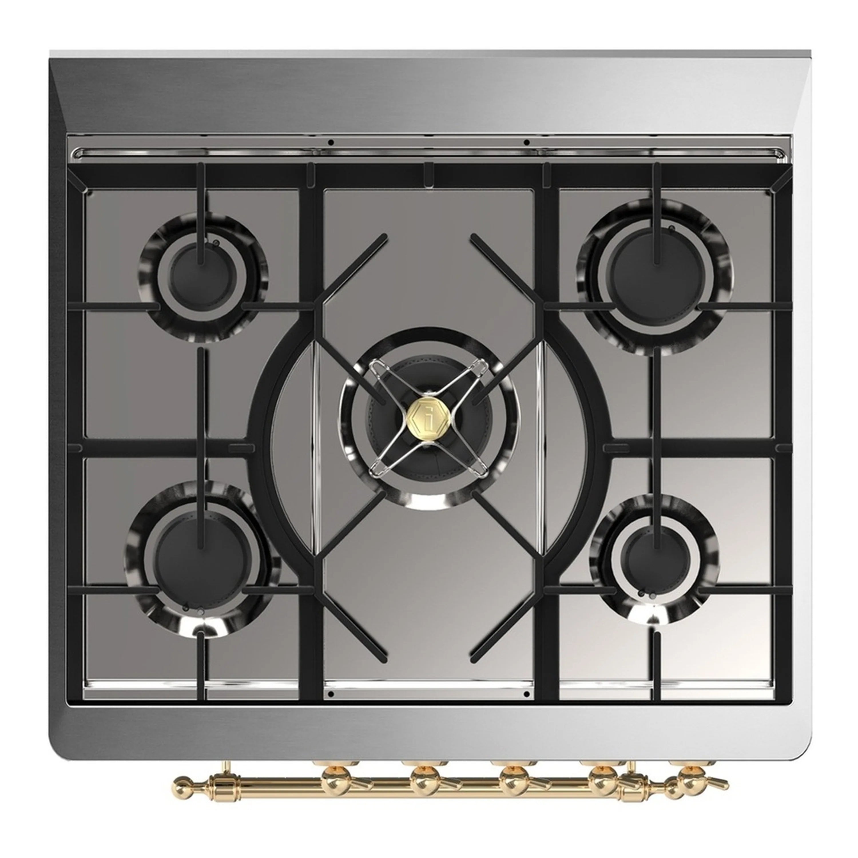 Graphite gas cooktop with five burner caps and cast-iron grates, brass edge trim