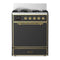 ILVE Majestic III 30-inch Dual Fuel Range with 5 Natural Gas Burner and Solid Door Electric Oven in Graphite Matte with Brass Trim (UM30QNR3MGG)