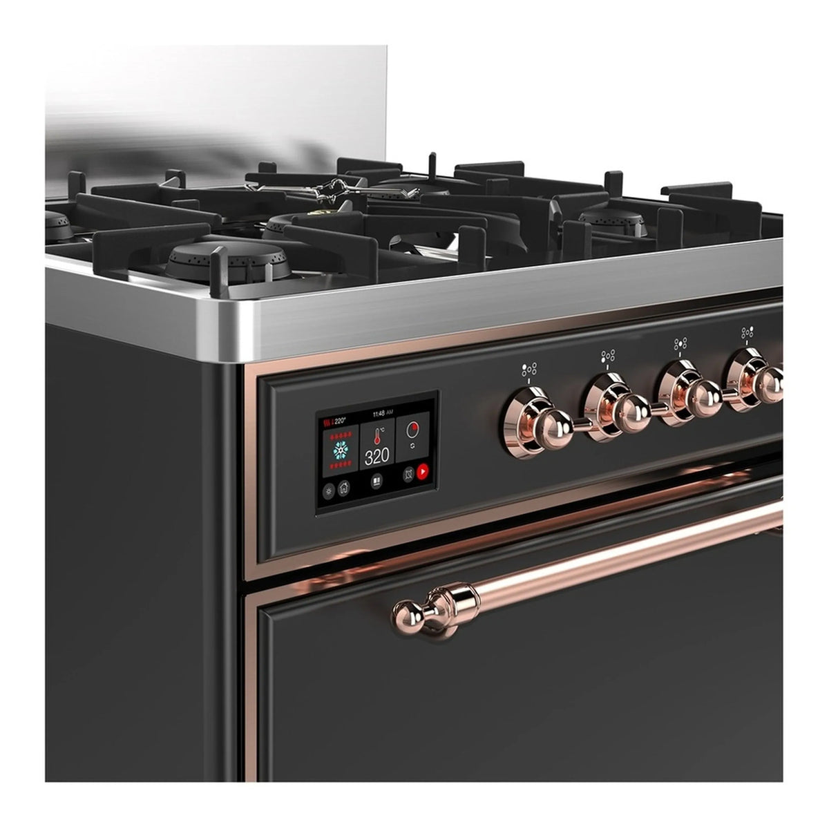 Graphite matte dual fuel range front with copper-trim knobs and digital burner display