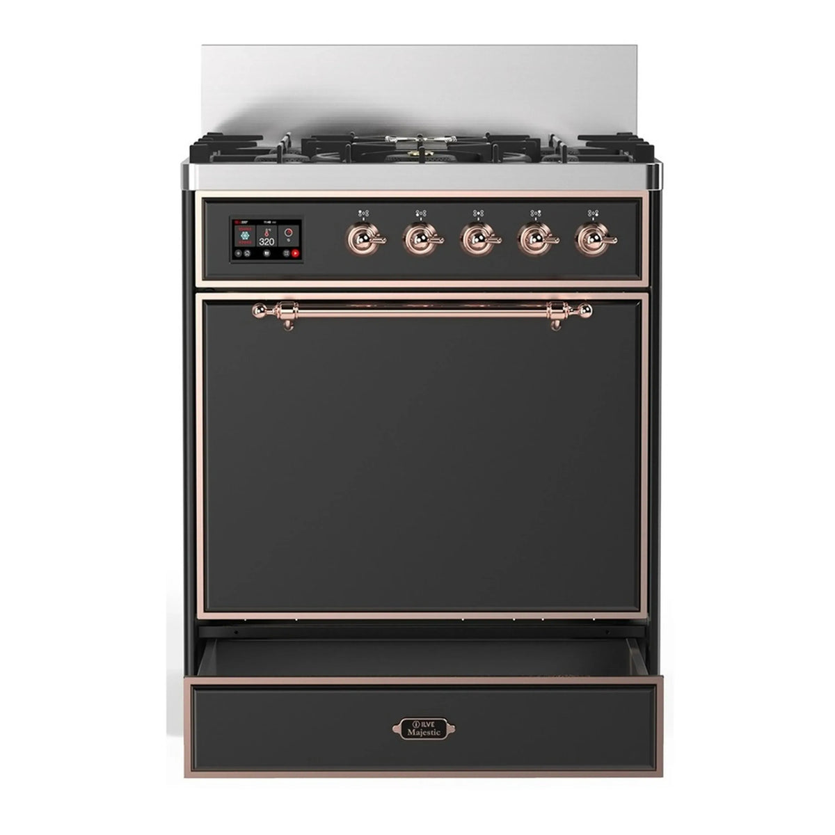Graphite matte dual fuel range with solid oven door and copper-trim control knobs