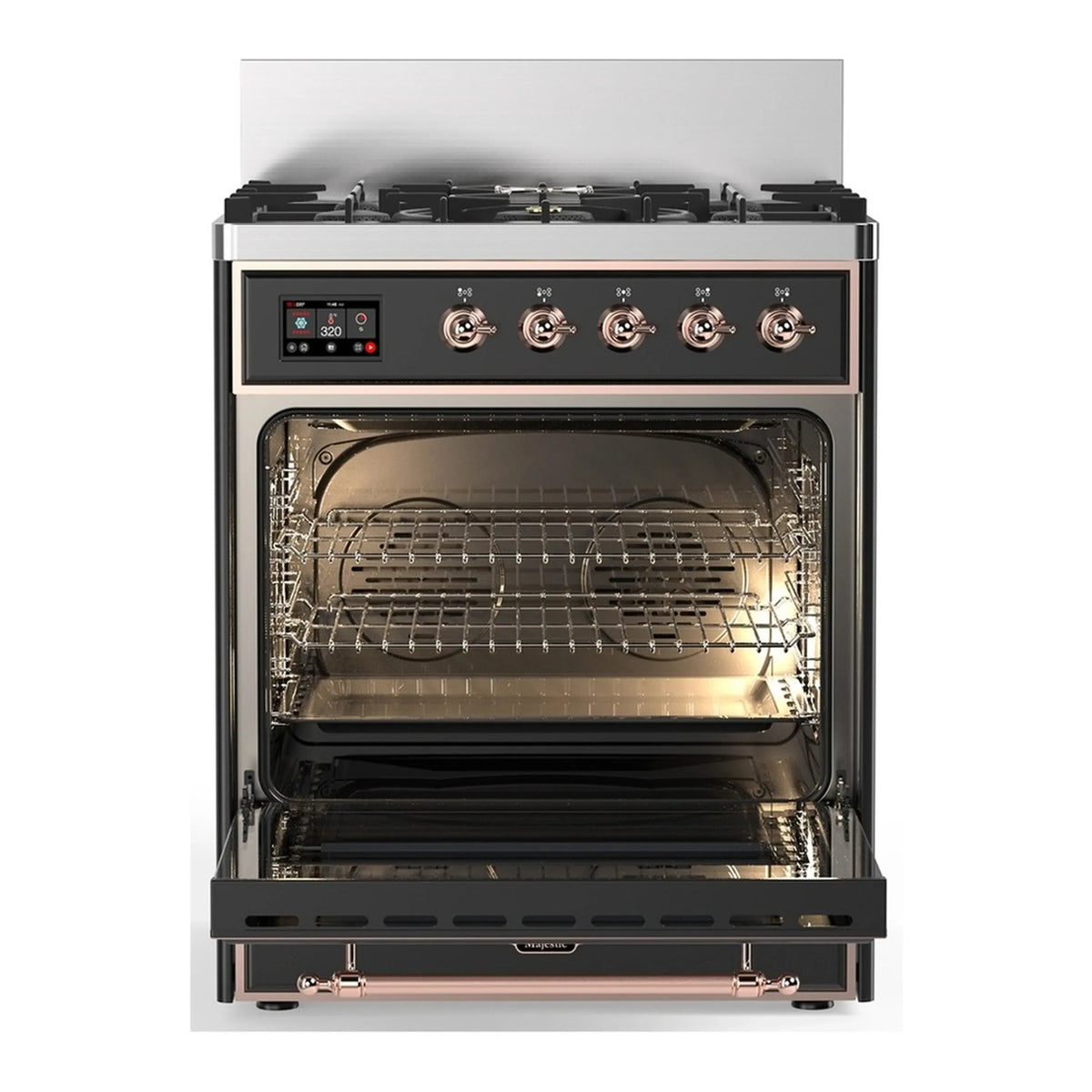 Graphite matte dual fuel oven door open with wire rack inside and copper handles