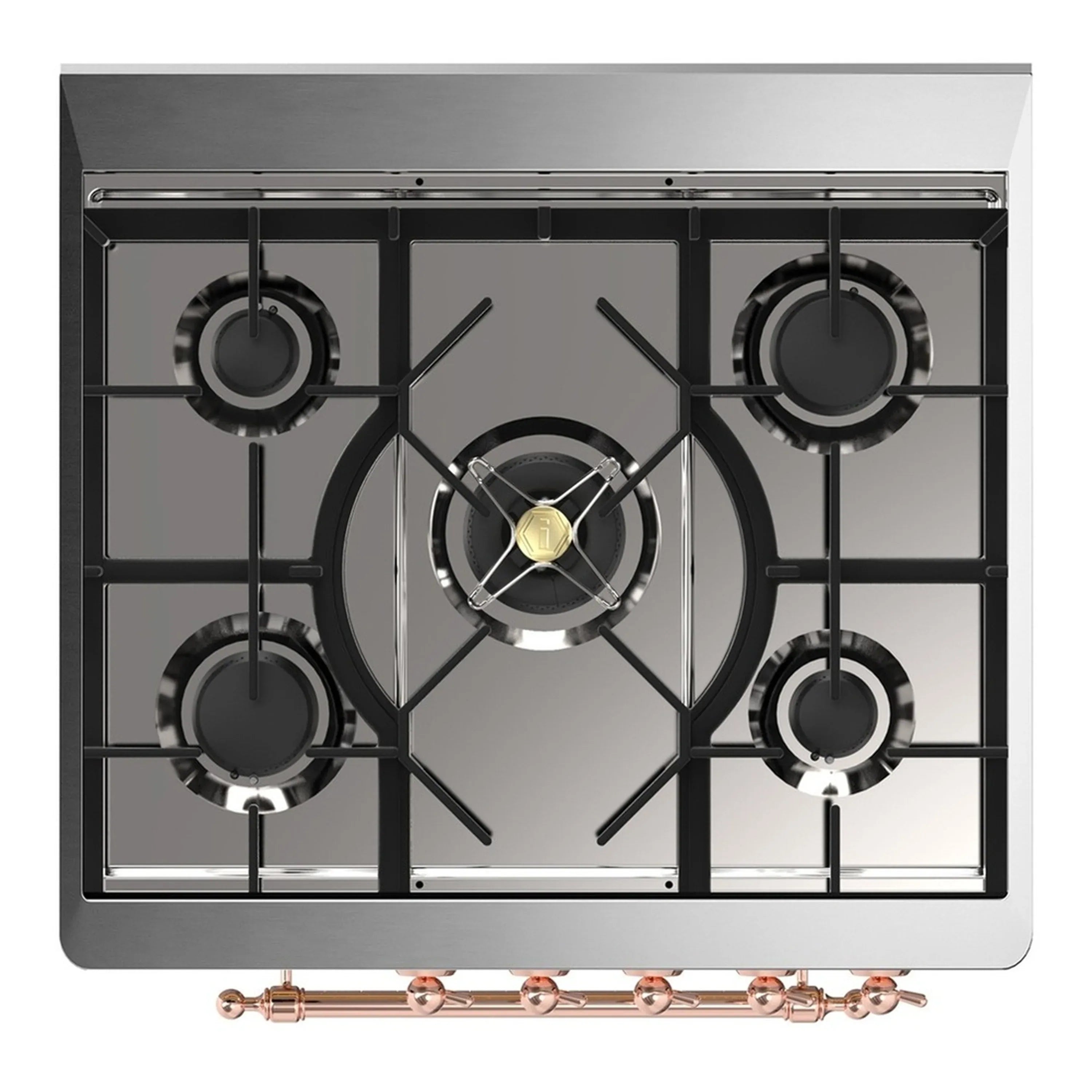 Graphite matte gas cooktop with four burner grates and copper manifold detail