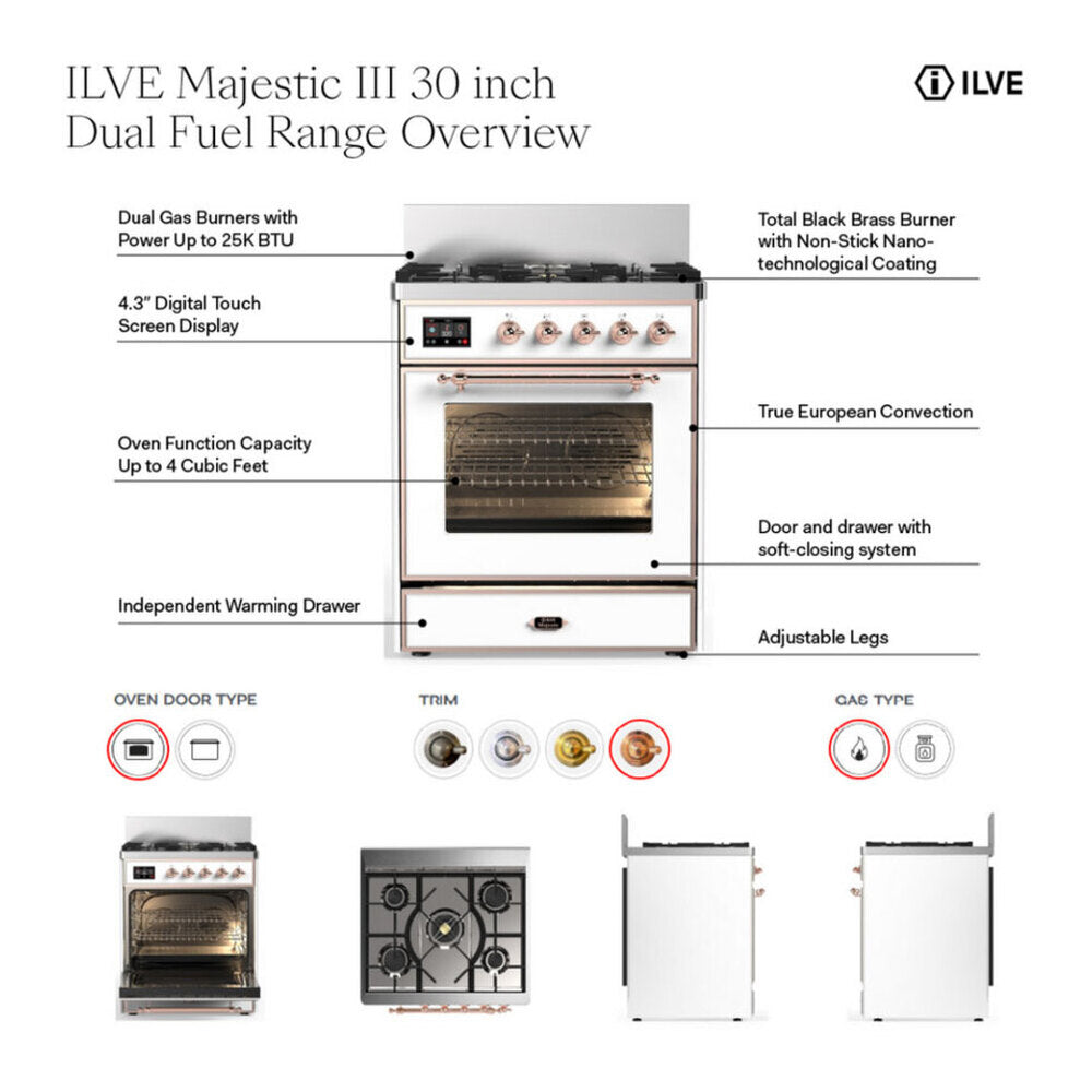 ILVE Majestic III 30-inch Dual Fuel Range with 5 Liquid Propane Burner and Solid Door Electric Oven in Mediterranean Mint with Burnished Trim (UM30QNR3MMBLP)
