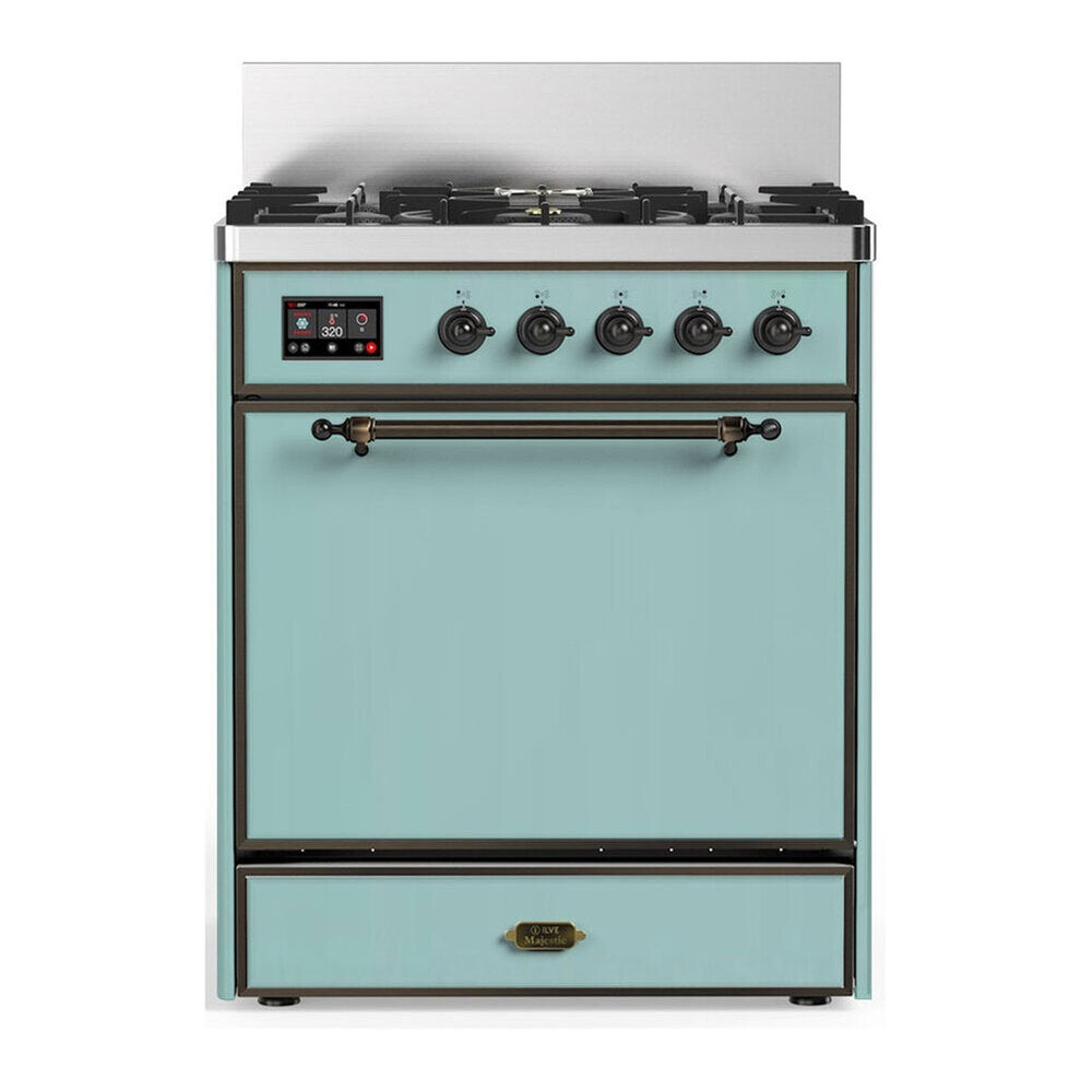 ILVE Majestic III 30-inch Dual Fuel Range with 5 Natural Gas Burner and Solid Door Electric Oven in Mediterranean Mint with Burnished Trim (UM30QNR3MMB)