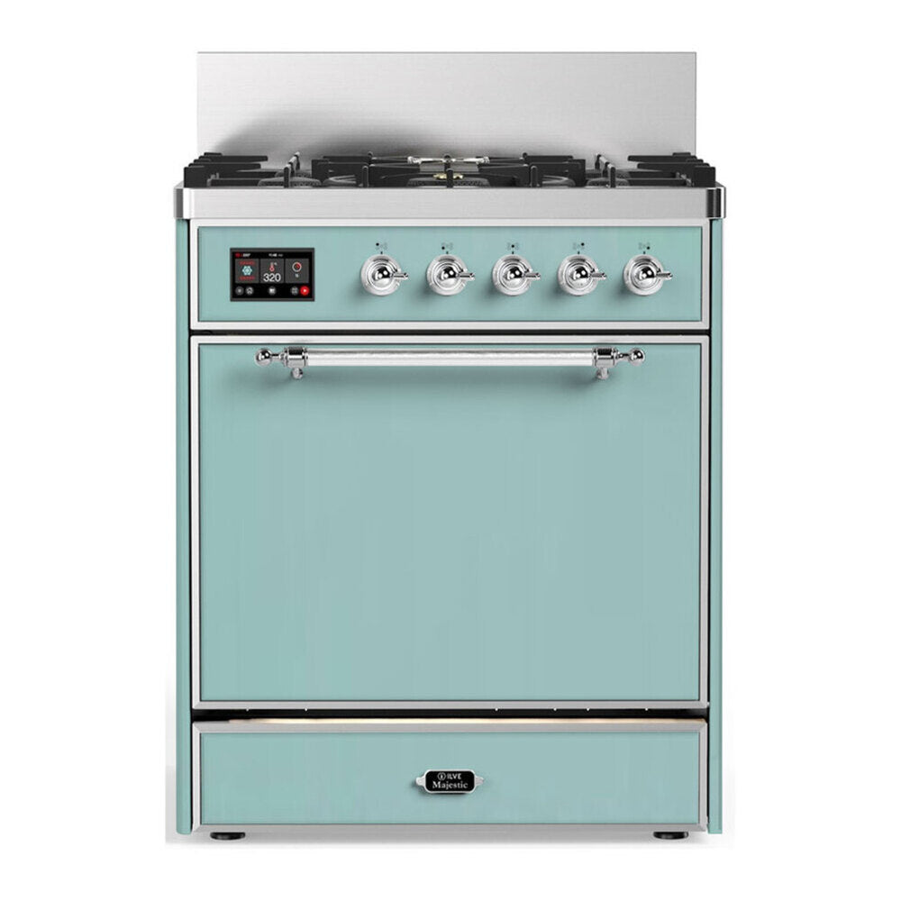 ILVE Majestic III 30-inch Dual Fuel Range with 5 Liquid Propane Burner and Solid Door Electric Oven in Mediterranean Mint with Chrome Trim (UM30QNR3MMCLP)