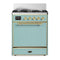 ILVE Majestic III 30-inch Dual Fuel Range with 5 Liquid Propane Burner and Solid Door Electric Oven in Mediterranean Mint with Brass Trim (UM30QNR3MMGLP)