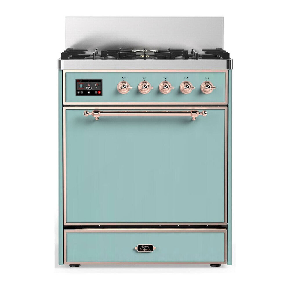 ILVE Majestic III 30-inch Dual Fuel Range with 5 Liquid Propane Burner and Solid Door Electric Oven in Mediterranean Mint with Copper Trim (UM30QNR3MMPLP)