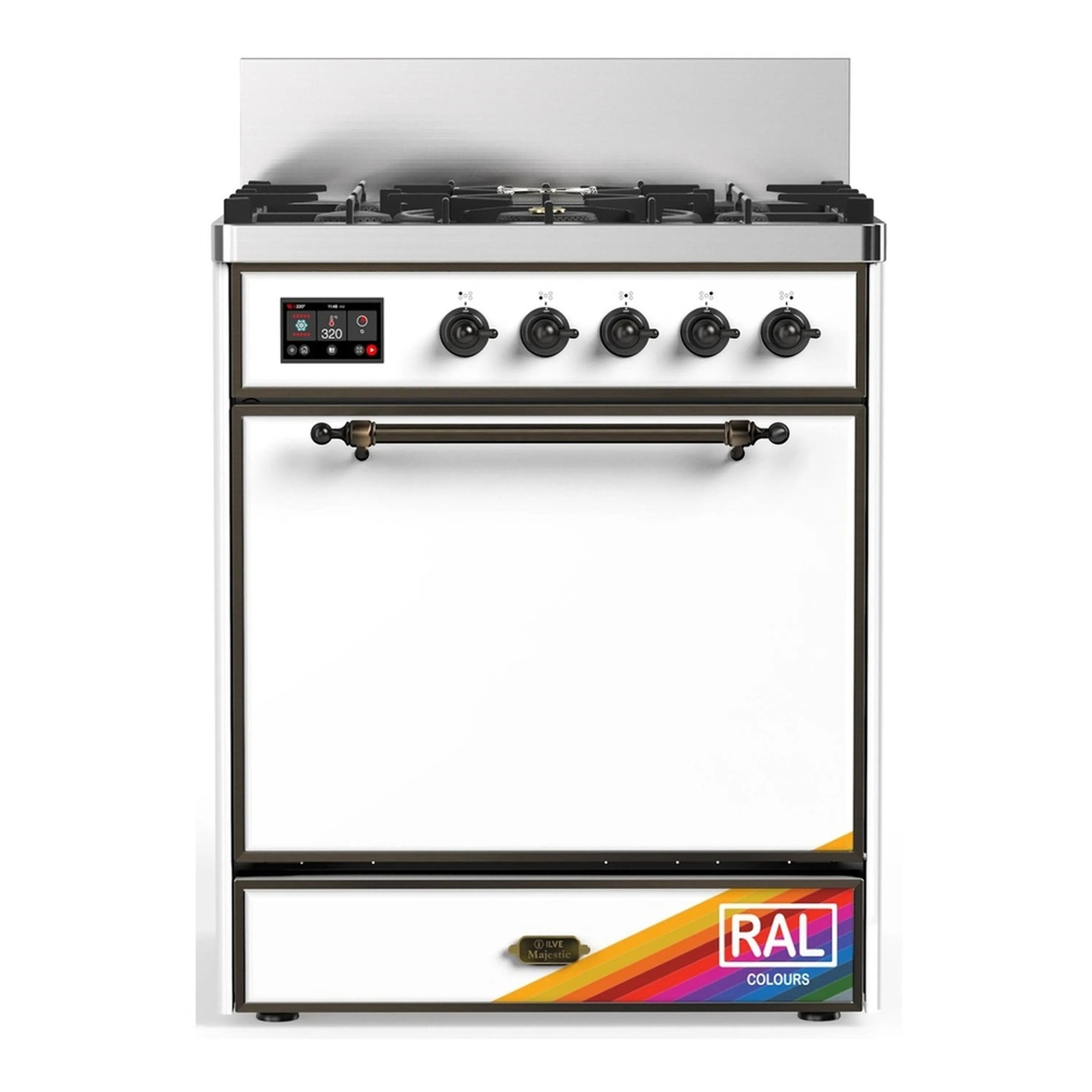 ILVE dual fuel range with black cooktop, control knobs, and closed oven door