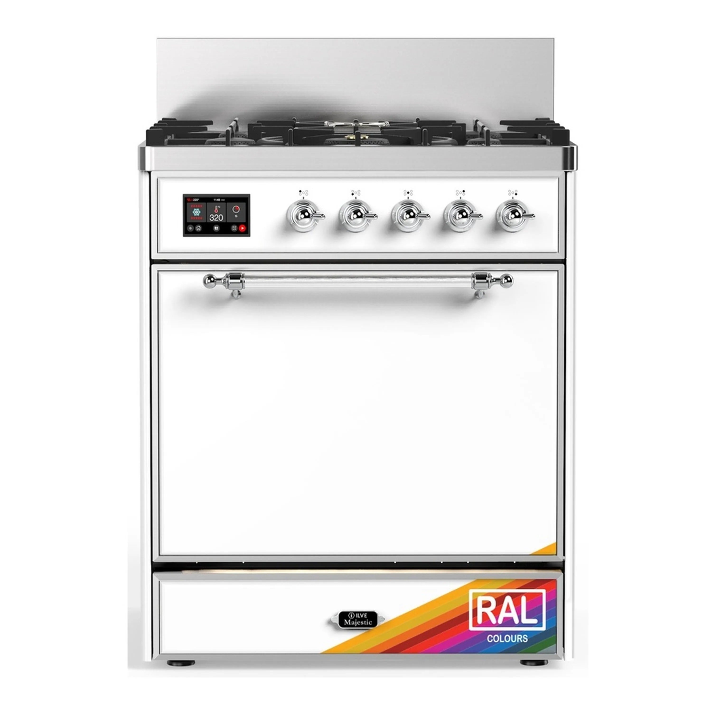 ILVE Majestic III dual-fuel range with control knobs and solid oven door, chrome trim