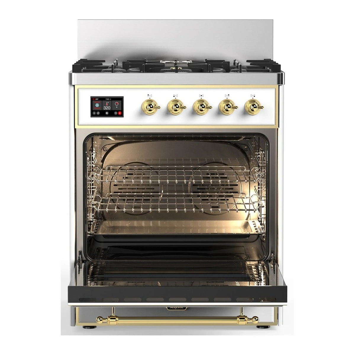 Dual fuel range with open electric oven showing racks and interior heating elements