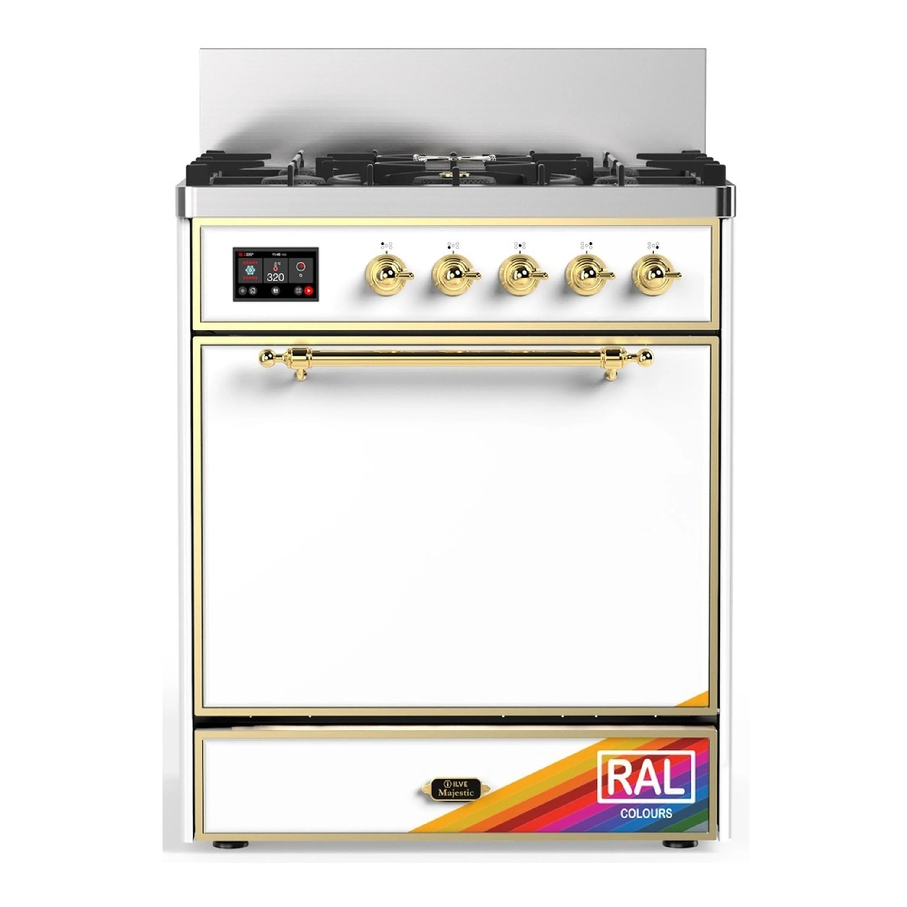 Dual fuel range front panel with black cooktop, brass knobs, and closed oven door