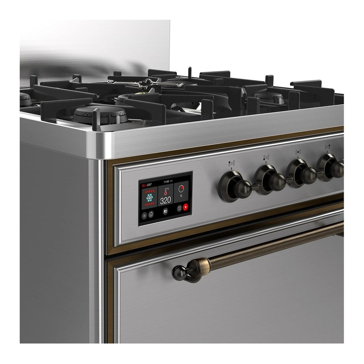 Stainless steel dual fuel range control panel with burner knobs and digital display