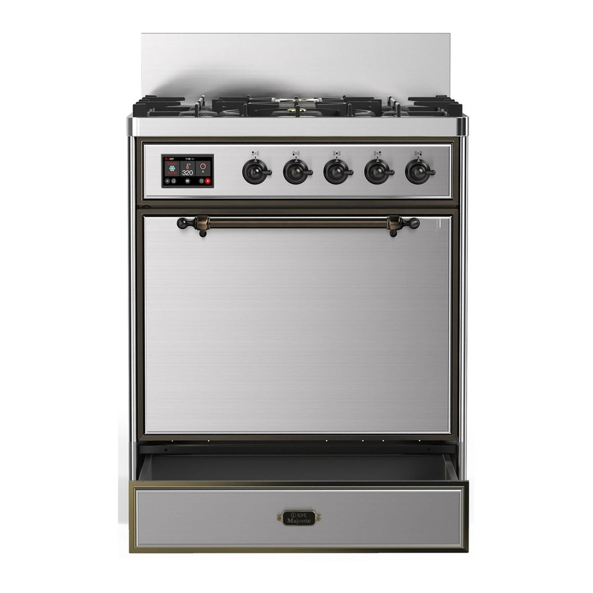 Stainless steel dual fuel range with 5 burners, knob row, and solid oven door