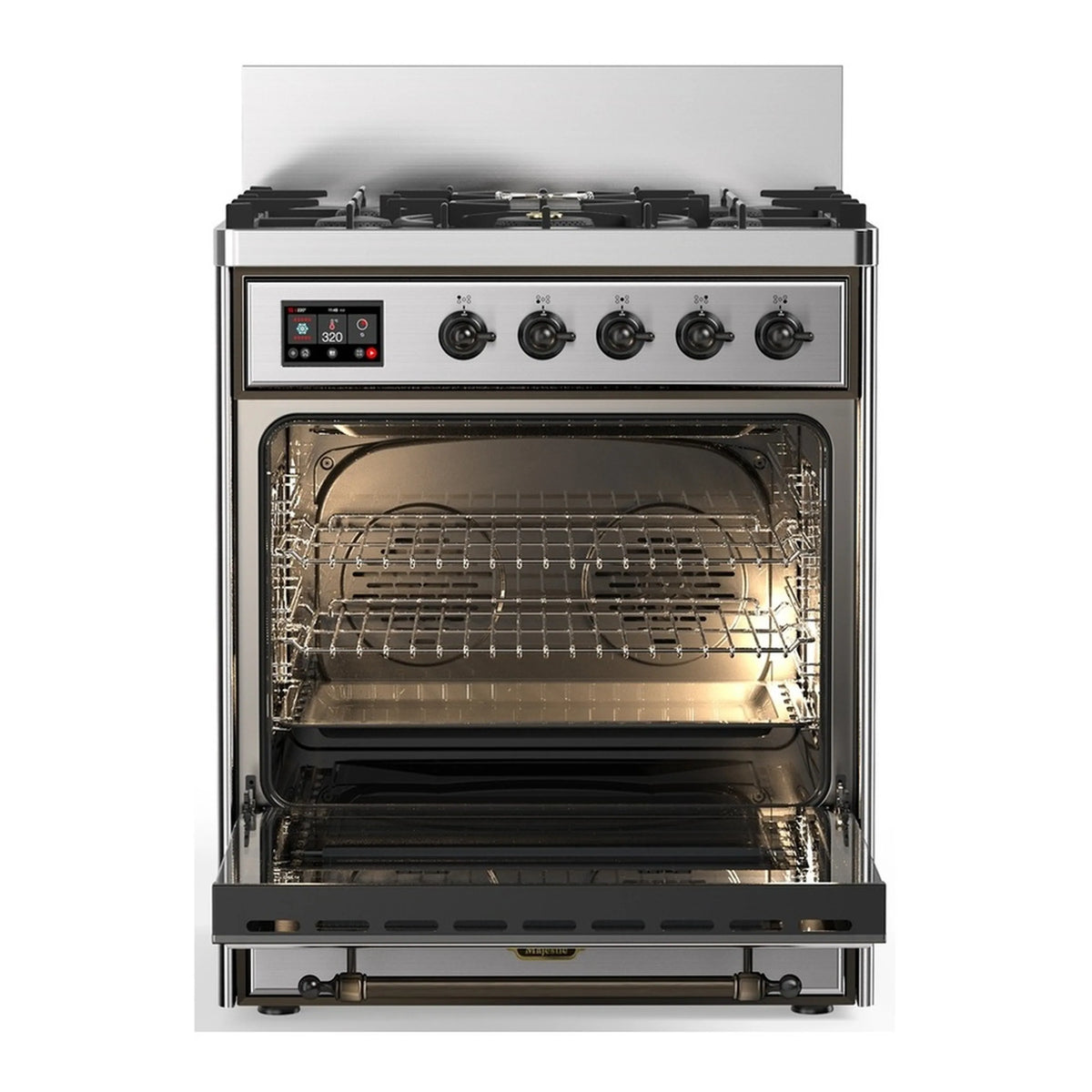 Stainless steel dual fuel range with open oven door and visible oven racks