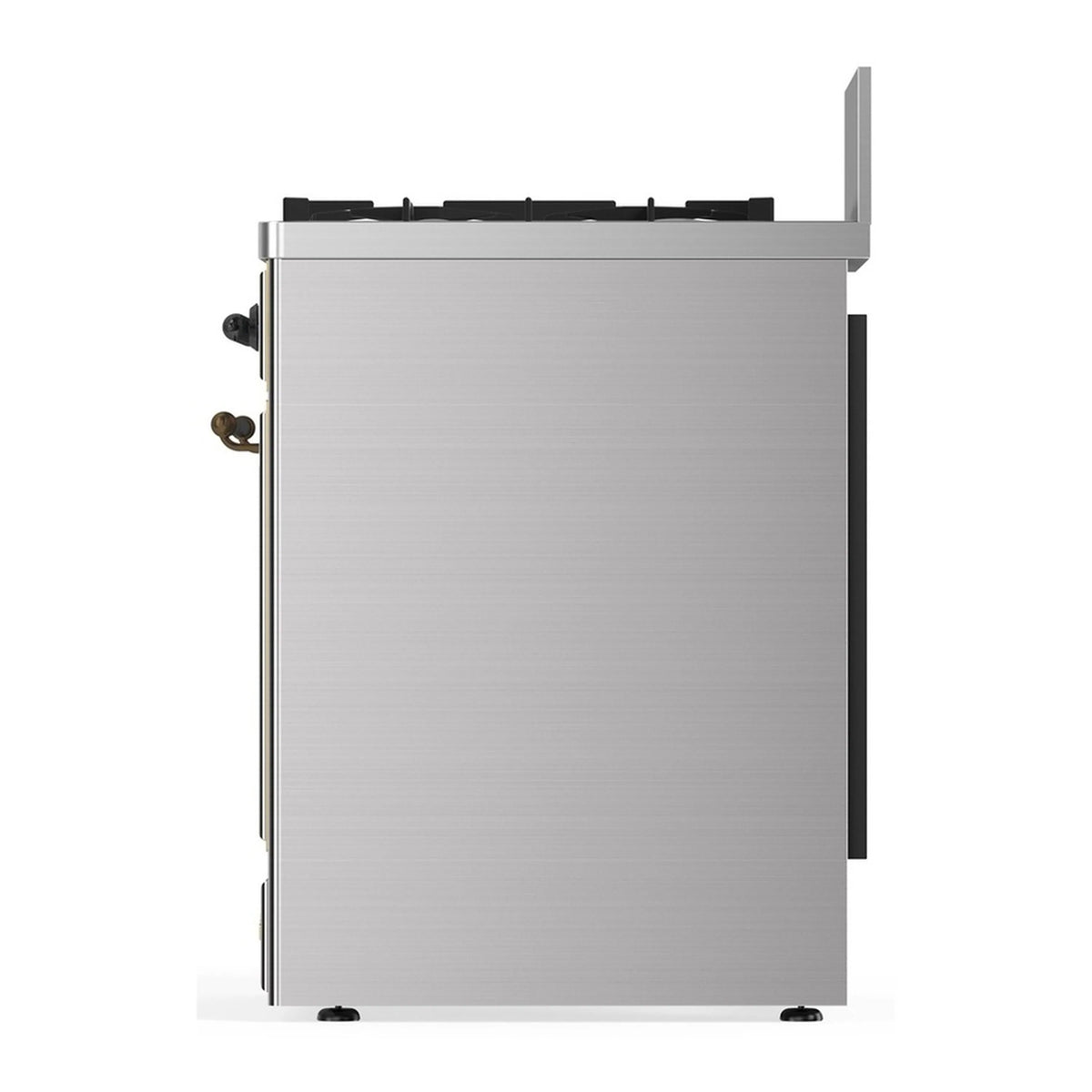 Stainless steel range side view with textured back guard and gold side handle hardware