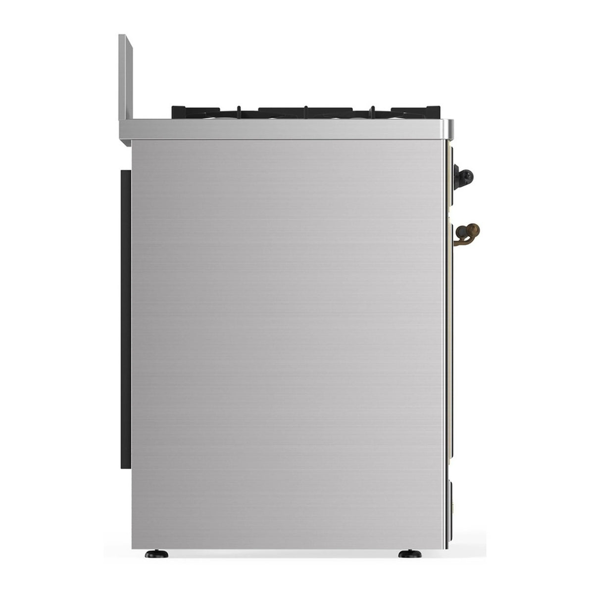 Stainless steel range rear/side view with black side panels and gold handle accents