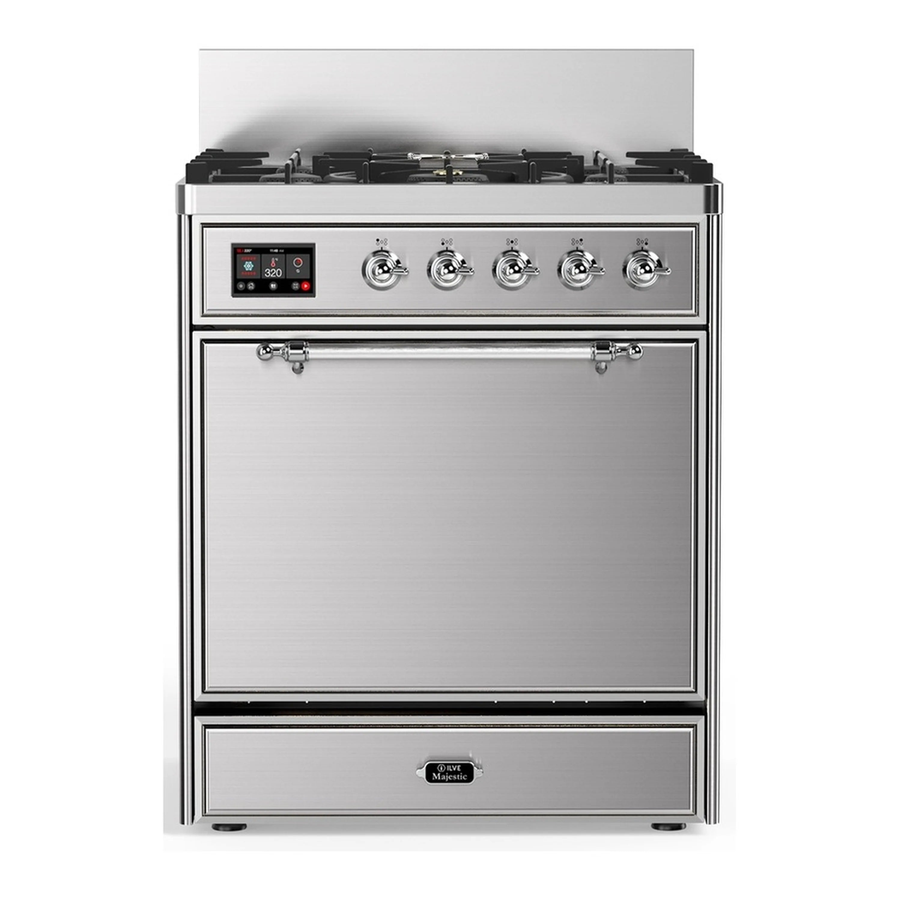 Stainless steel dual fuel range front with five burners and closed solid oven door
