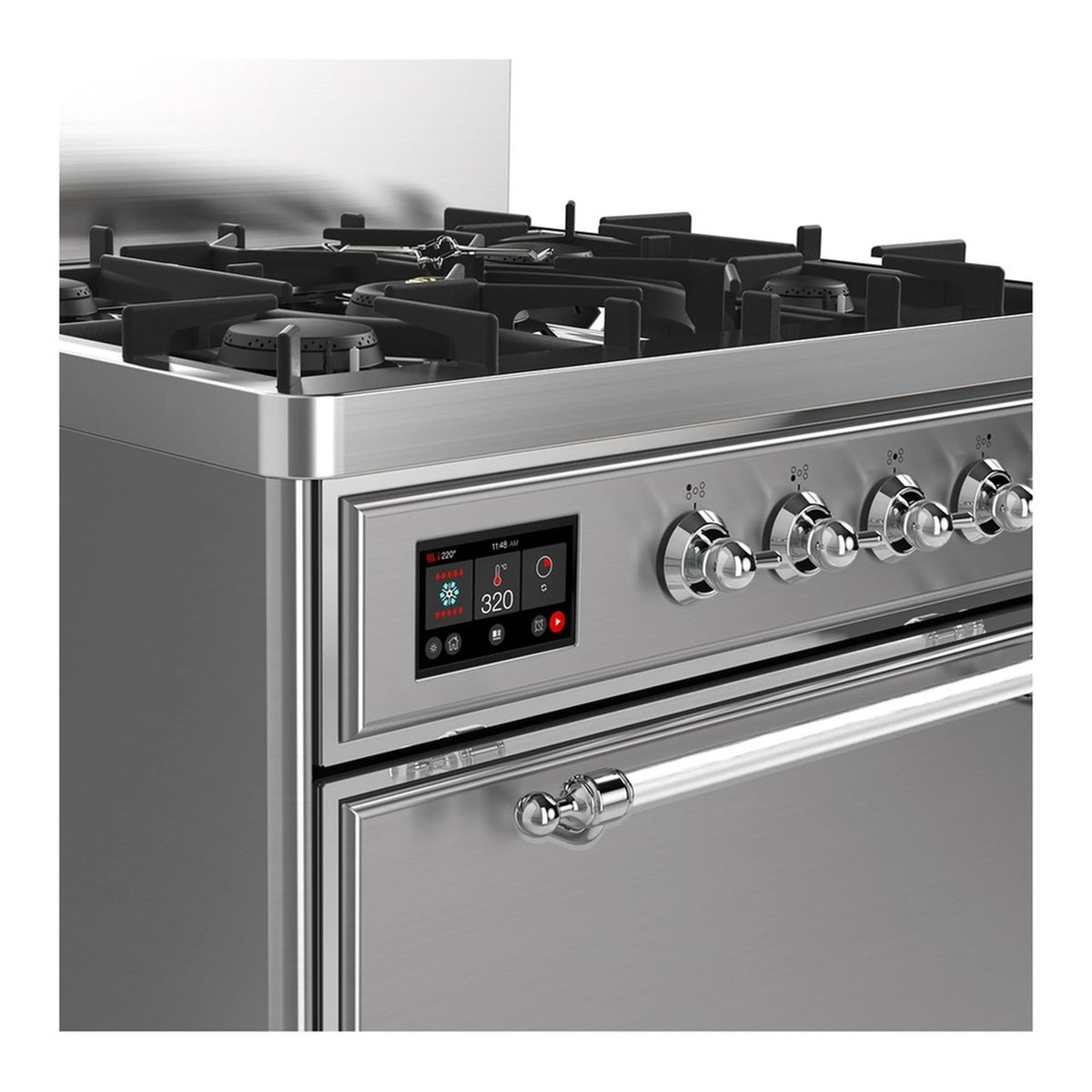 Stainless steel range control panel with display and chrome burner control knobs