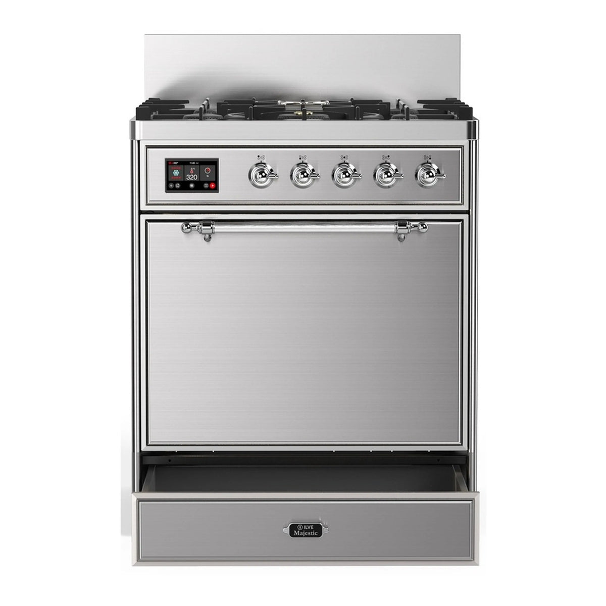 Stainless steel dual fuel range with five gas burners, solid oven door, chrome trim