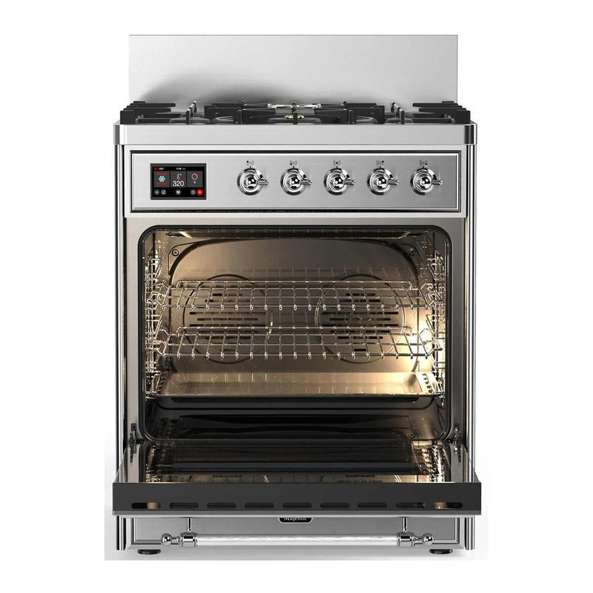 Stainless steel dual fuel range with oven door open, wire racks, and interior light