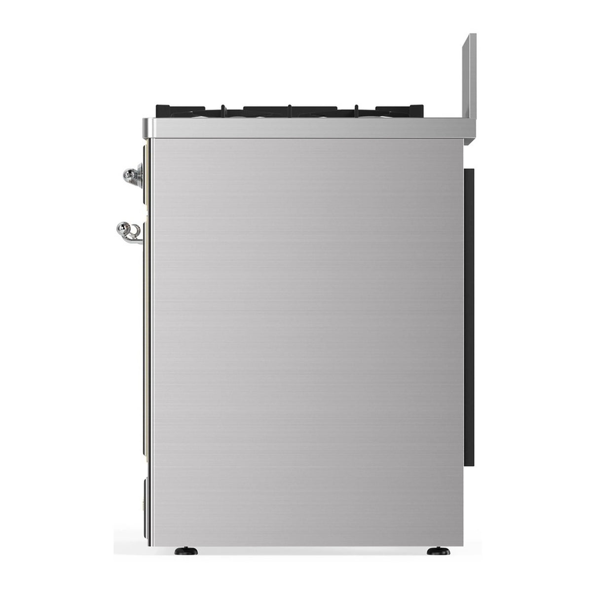 Stainless steel range side/back panel with chrome trim and mounted handle hardware