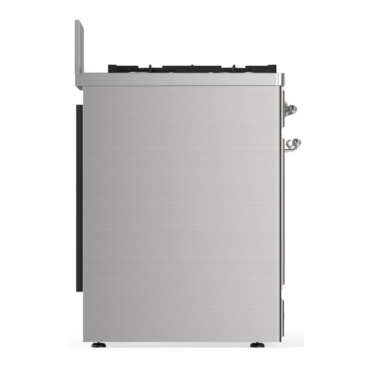 Stainless steel range rear corner with chrome trim and side handle hardware