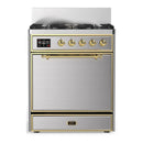 ILVE Majestic III 30-inch Dual Fuel Range with 5 Natural Gas Burner and Solid Door Electric Oven in Stainless Steel with Brass Trim (UM30QNR3SSG)