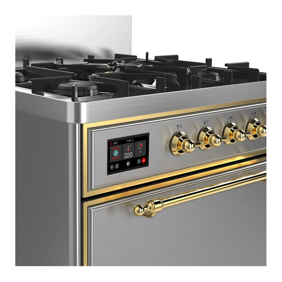 Stainless range control panel with red display, brass knobs, and oven door handle