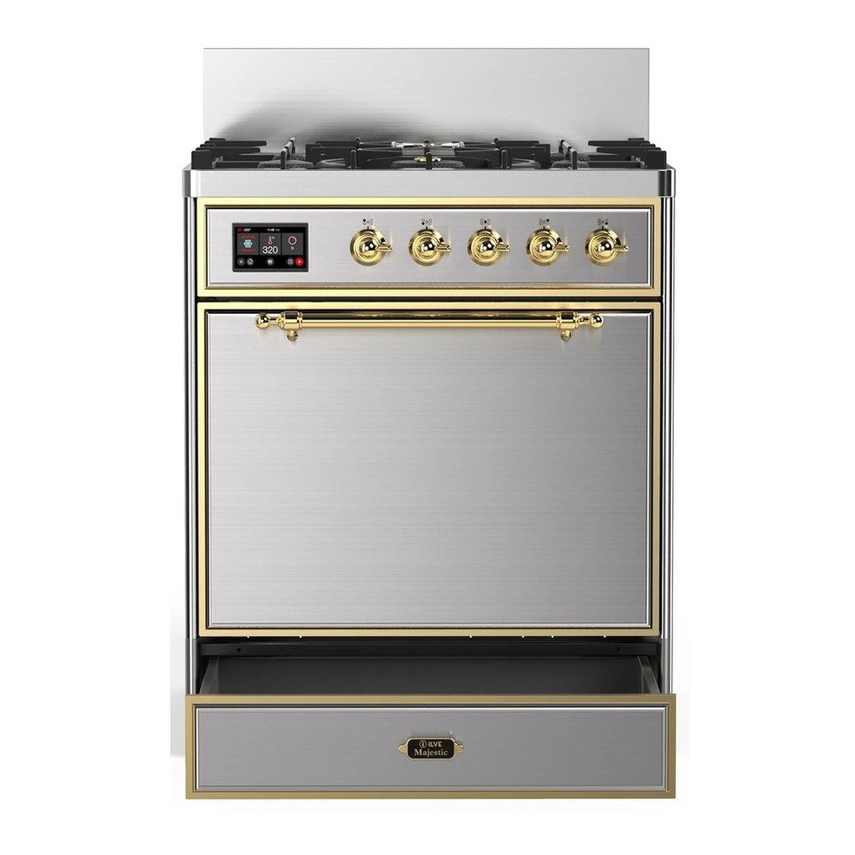 Stainless electric oven with brass trim, black cooktop burners, and digital control panel
