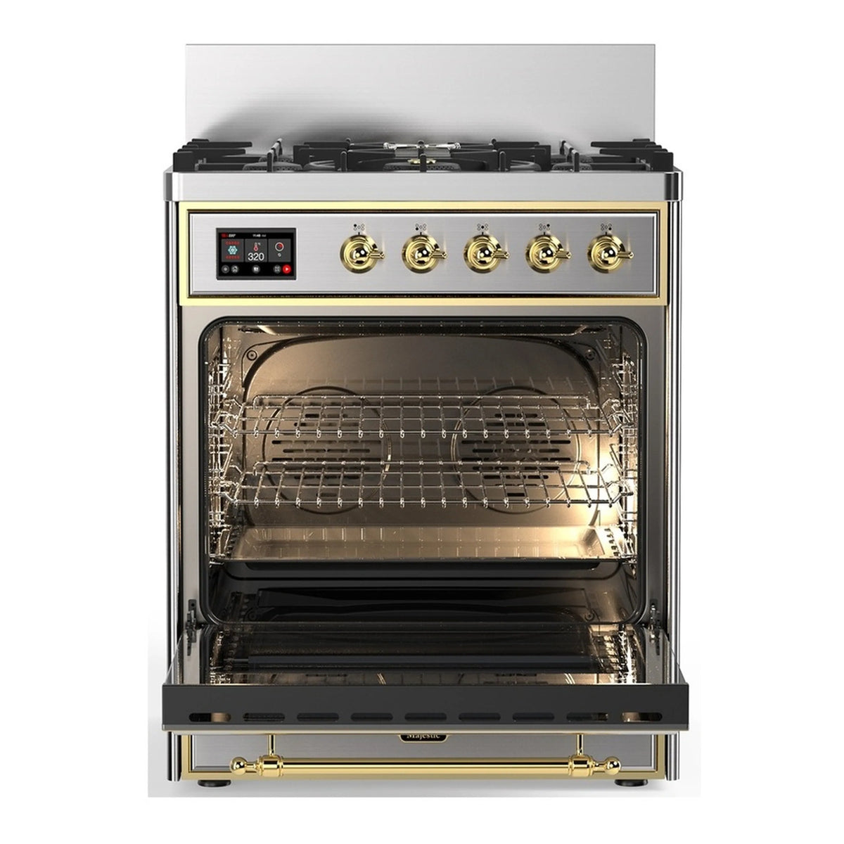 Stainless steel dual fuel range with open electric oven door and wire rack inside