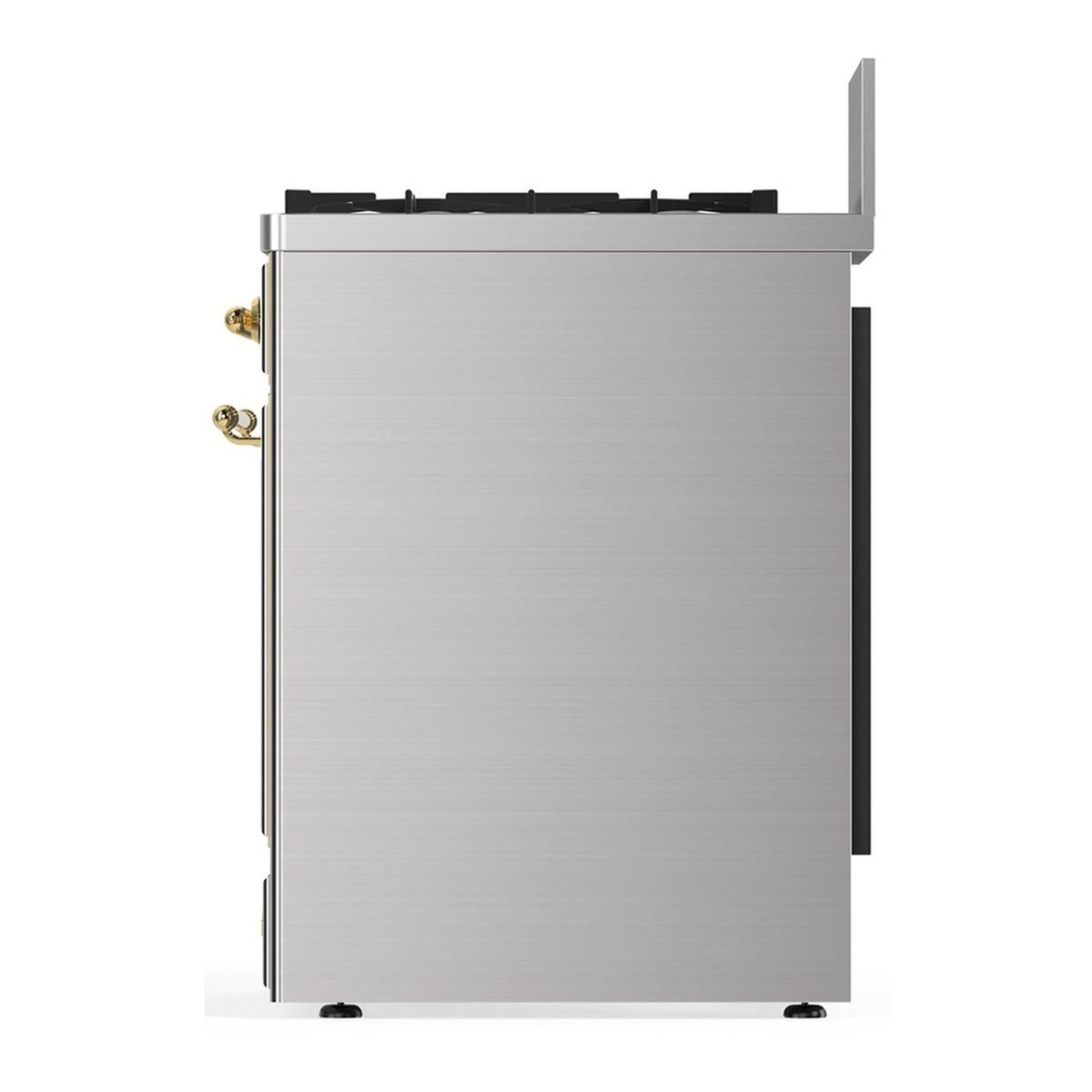 Stainless steel dual fuel range side panel with brass handle hardware and cooktop cover