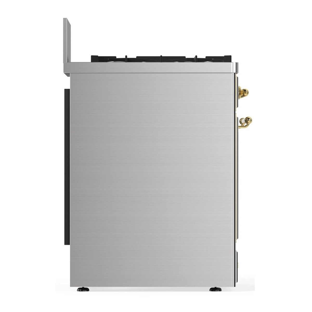 Stainless steel dual fuel range side view with brass handle hardware and oven door edge