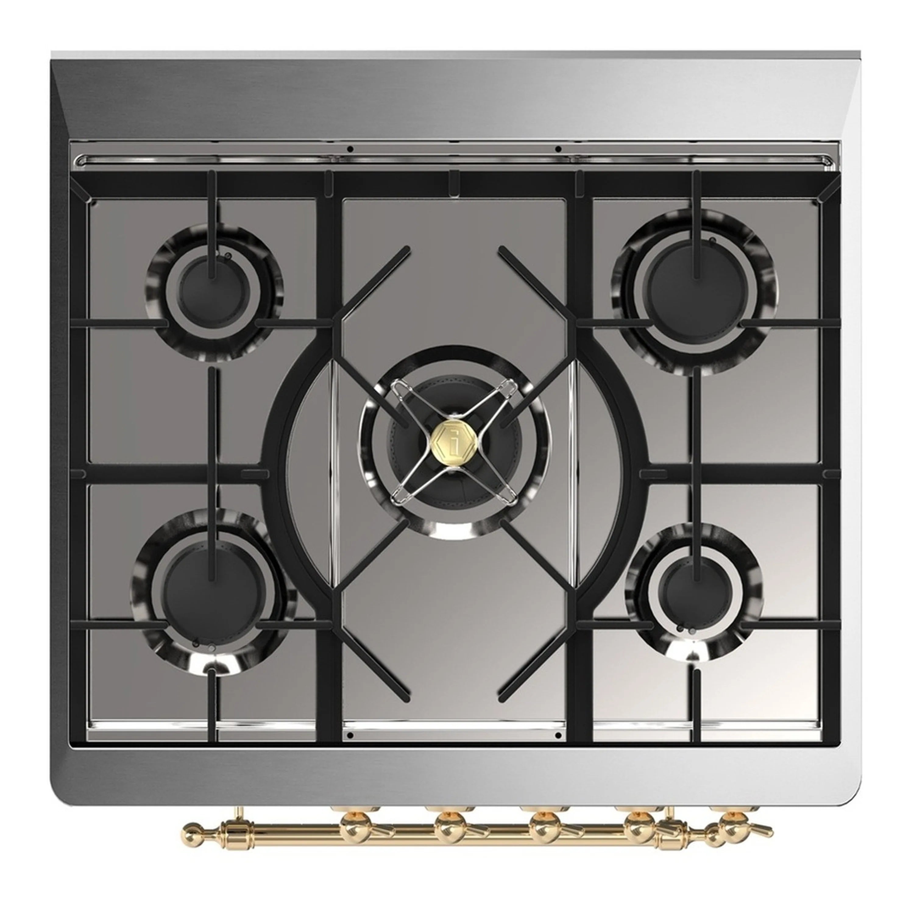 Stainless gas cooktop with four burners, cast grates, and brass gas manifold