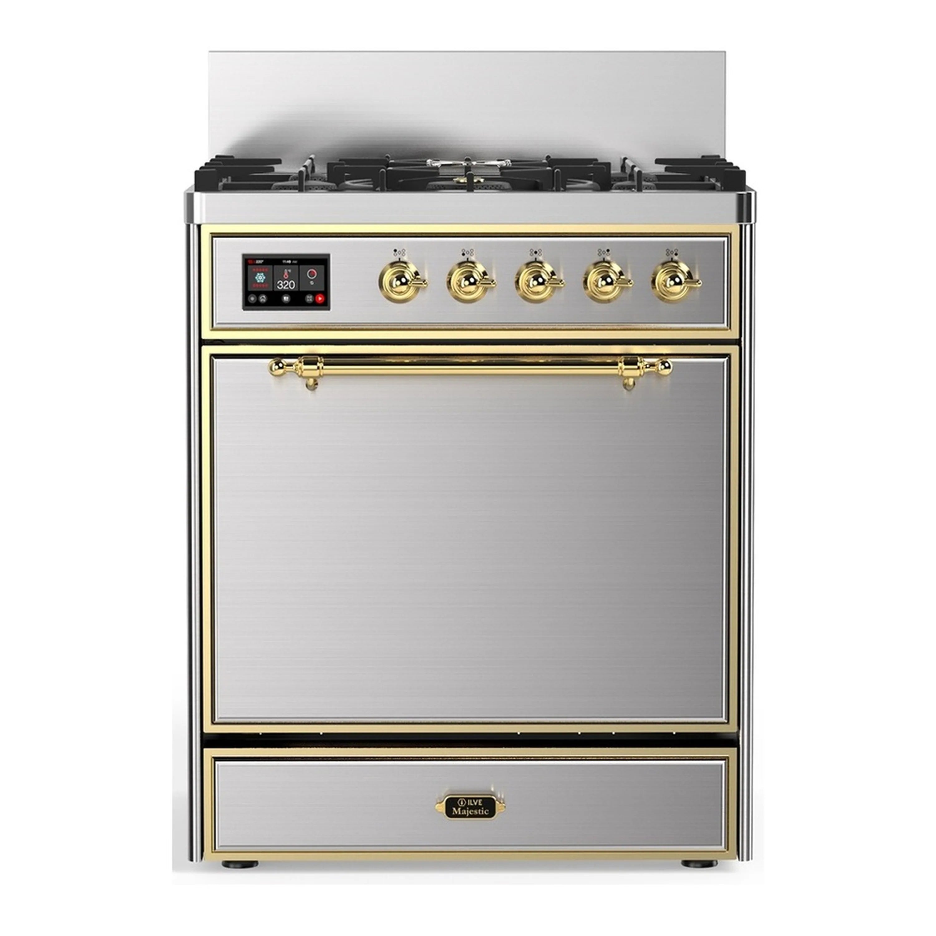 Stainless dual fuel range with brass-trim control panel and five black gas burners