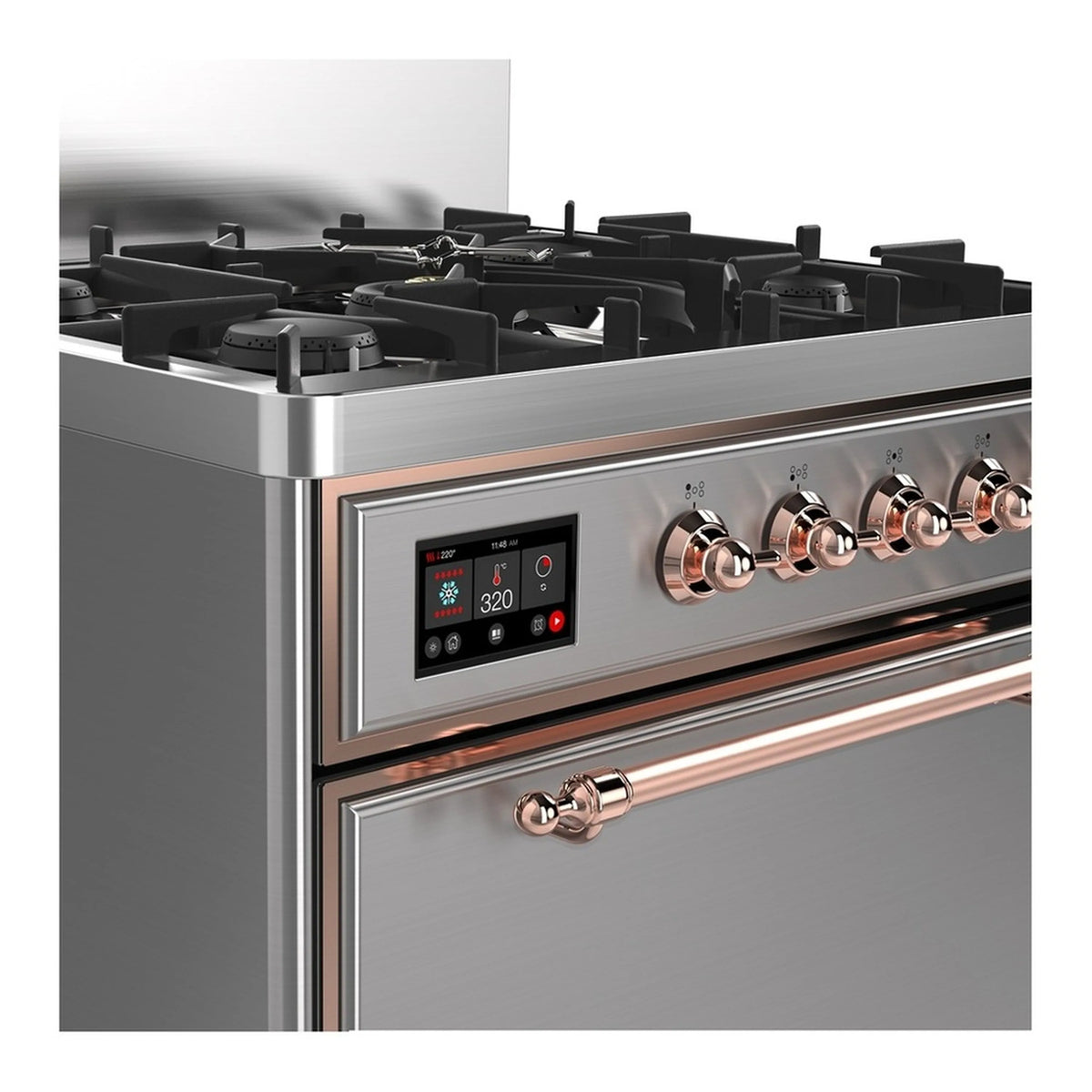 Stainless steel control panel with digital display and copper-finish burner knobs