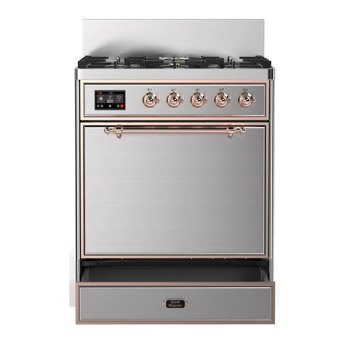 Stainless steel dual fuel range with copper trim, front control panel, oven door