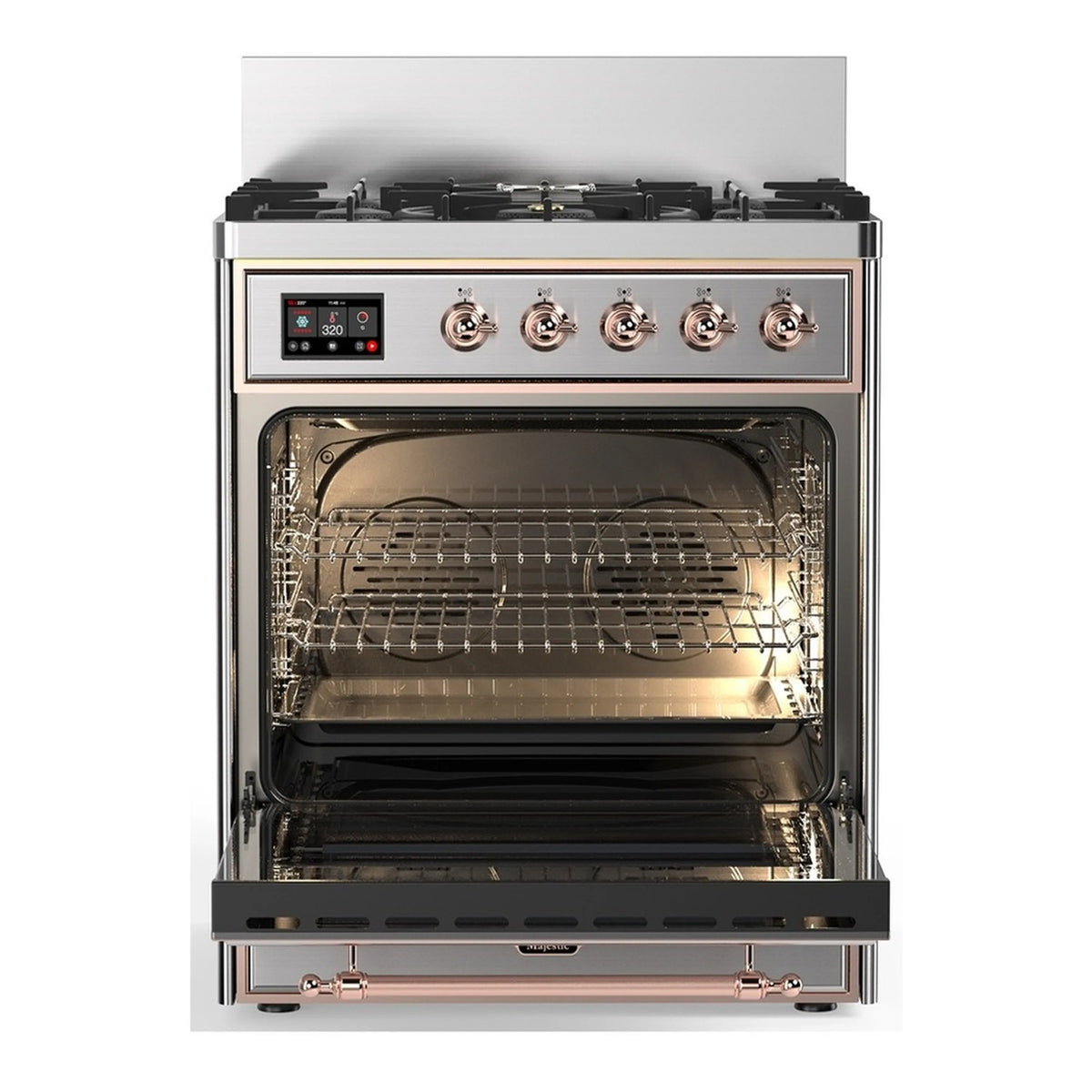 Stainless steel dual fuel range with copper trim, open oven door, five gas burners