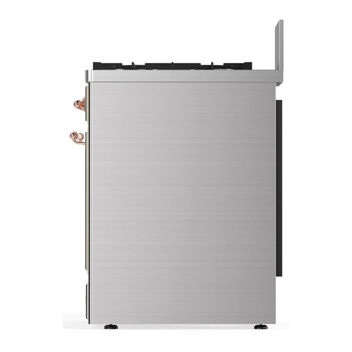 Stainless steel range side panel with copper-trim door hardware and handle
