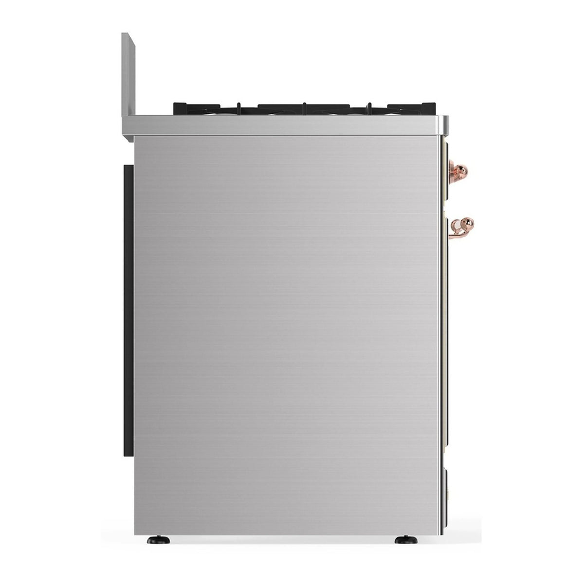 Stainless steel range rear view with copper-trim hardware and side access handles