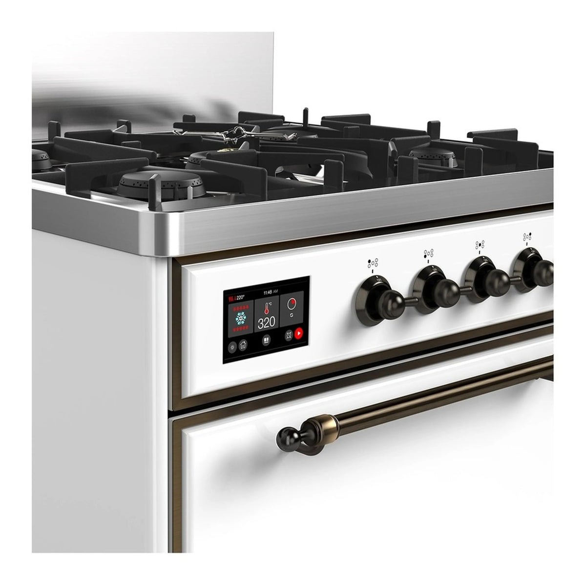 White range control panel with digital display and burner knobs, burnished trim