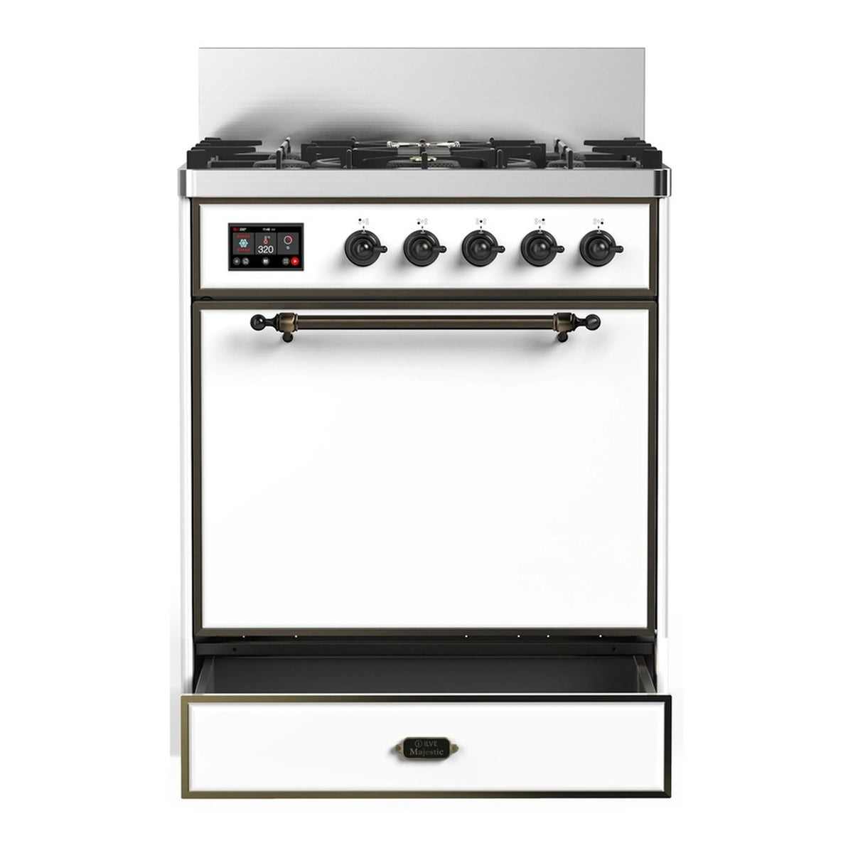 White dual fuel range with five burners, solid oven door, and storage drawer