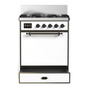 ILVE Majestic III 30-inch Dual Fuel Range with 5 Liquid Propane Burner and Solid Door Electric Oven in White with Burnished Trim (UM30QNR3WHBLP)