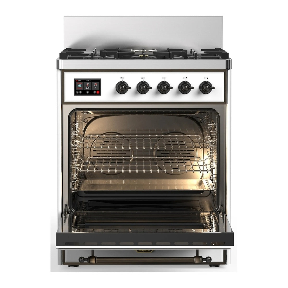Open oven interior with racks and broiler area on white dual fuel range