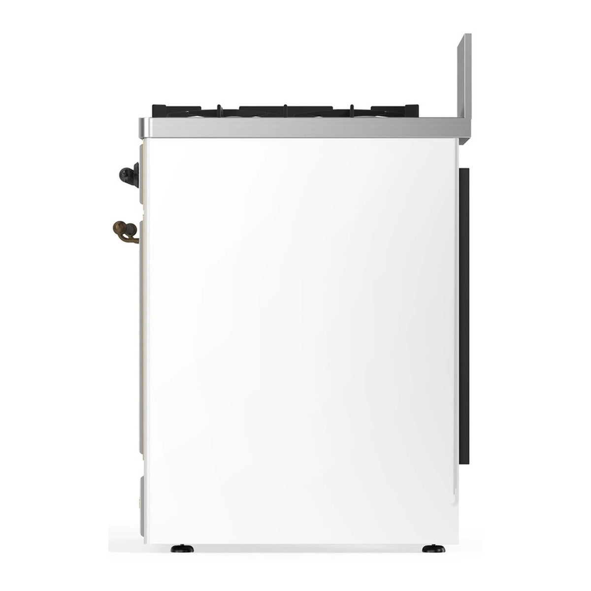 White dual fuel range side view with rear cover and leveling feet